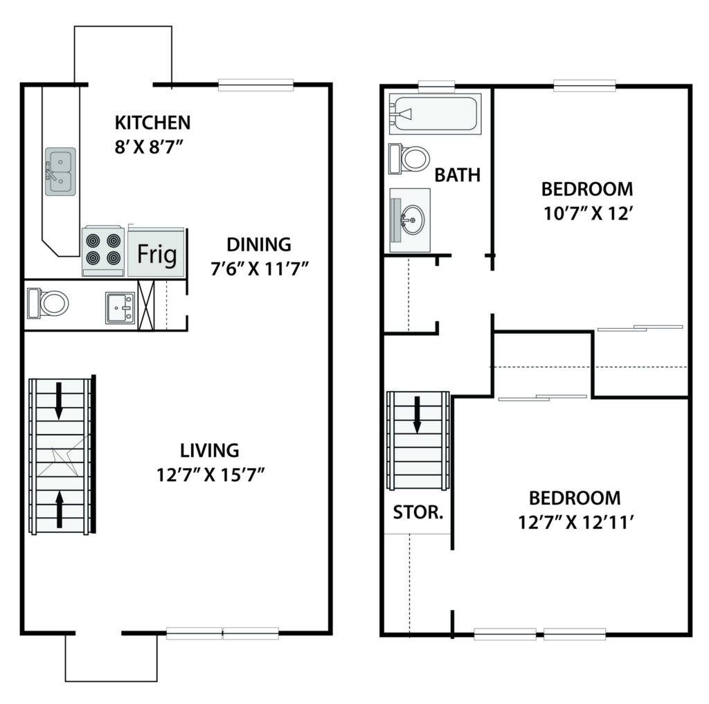 2 Bedroom, 1.5 Bath Townhome with Basement 1070 sq. ft.